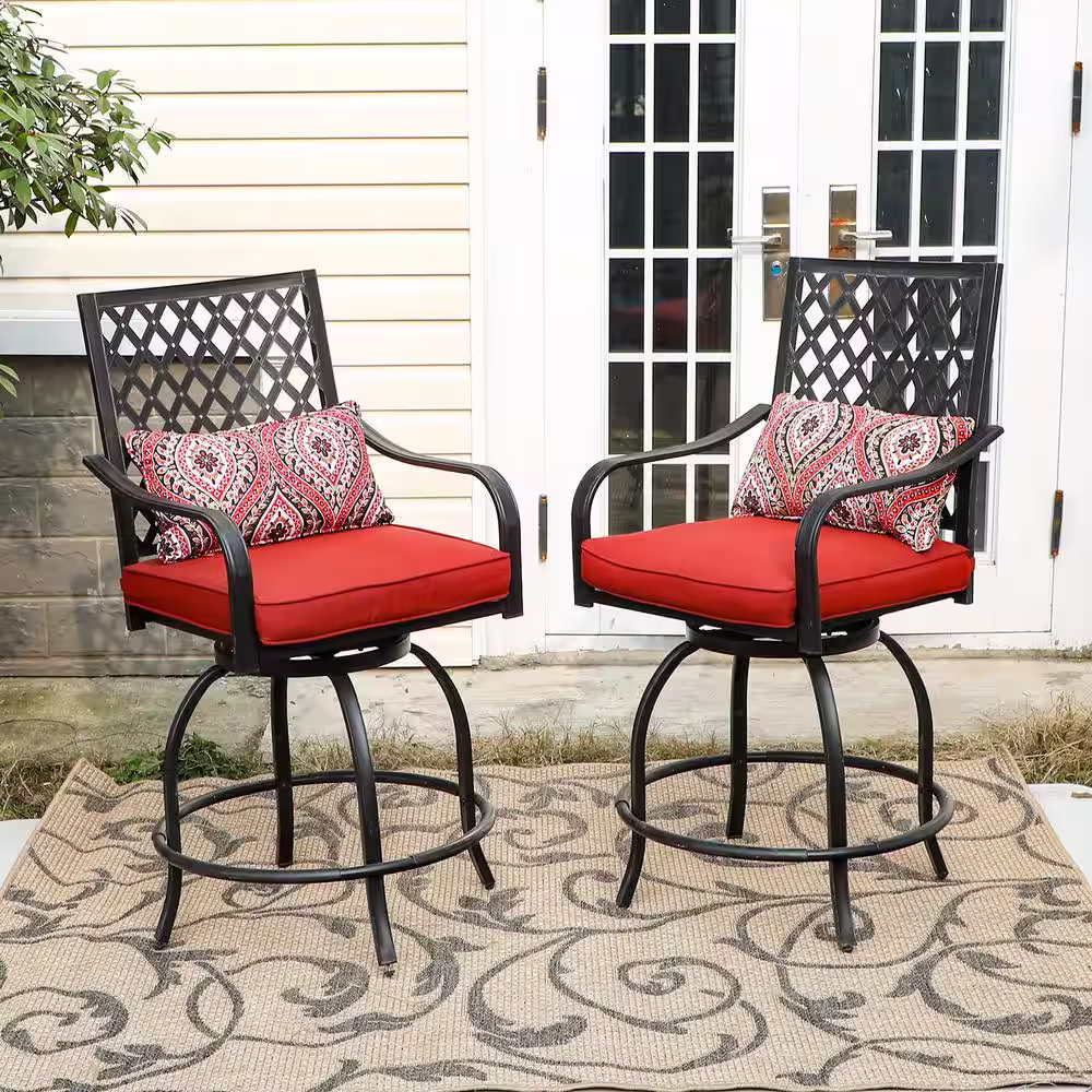 None 5-Piece Metal Rectangle Bar Height Outdoor Dining Set with Red Cushions