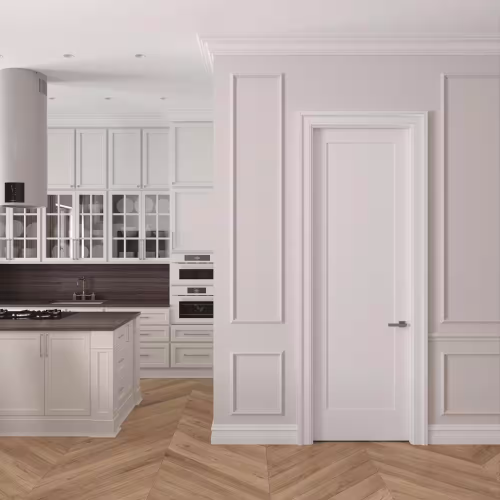 RESO 22 In. x 96 In.Left-Handed Solid Core Primed White Composite Single Pre-hung Interior Door Satin Nickel Hinges