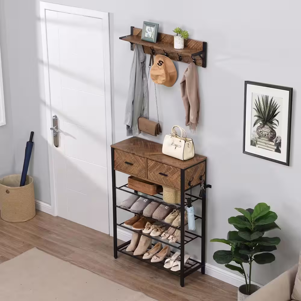 Amucolo 42.32 in. H One Set Entryway 4-tier 12-Pair Brown Shoe Rack with 2 Drawers, Coat Rack