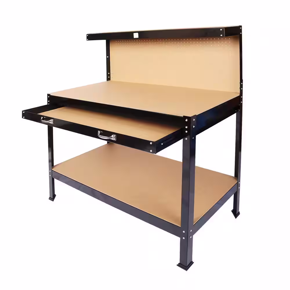 Kahomvis 45.3 in. Steel Workbench with Drawer and Pegboard Storage, Workshop Tools Table in Black