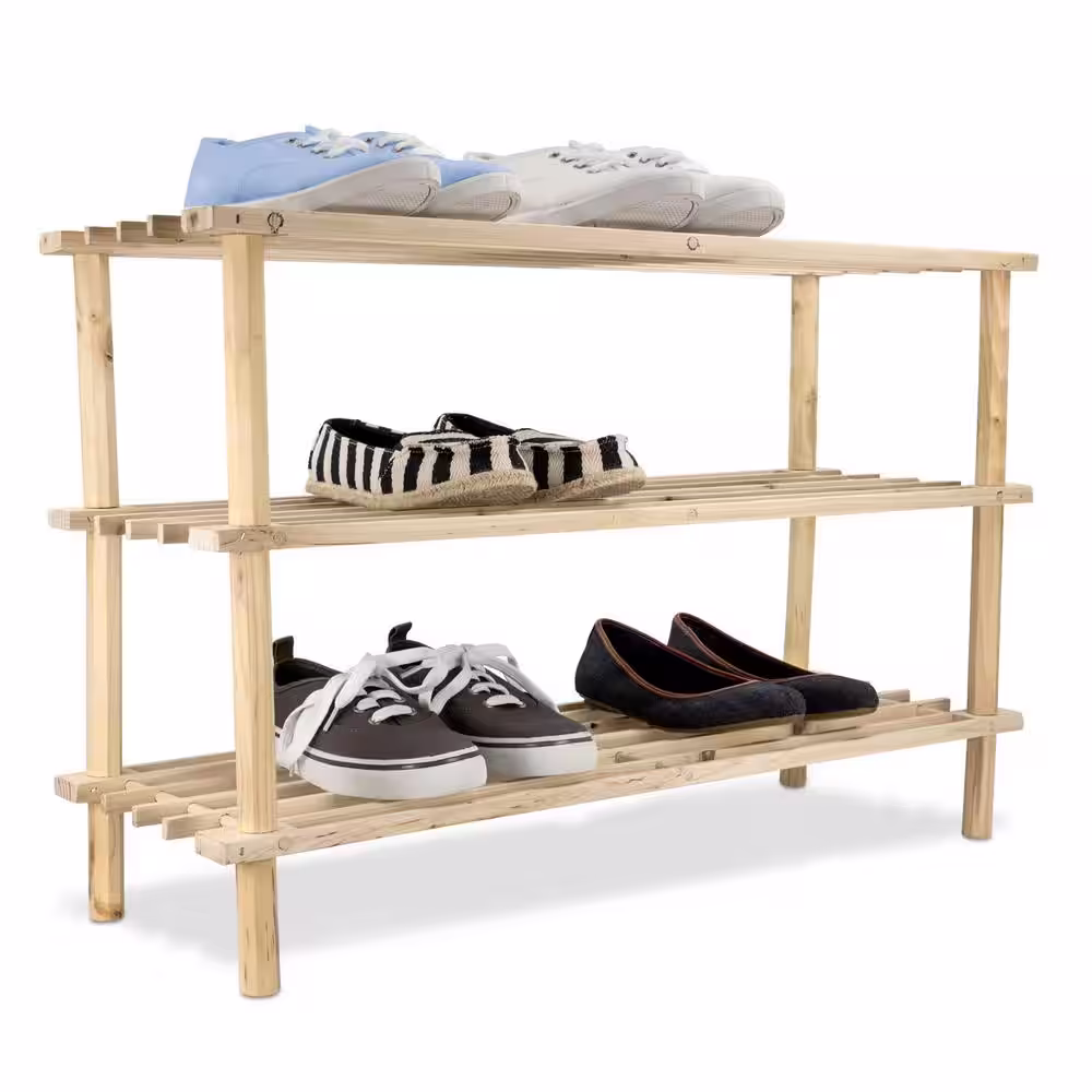 Home Basics 10.25 in. H 12-Pair 3-Tier Brown Pine Shoe Rack