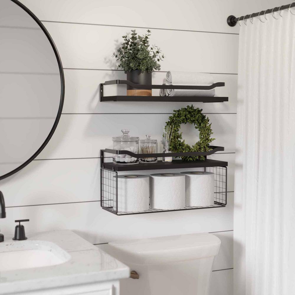 None 15.7 in. W x 6 in. D Black Wood Floating Decorative Wall Shelf