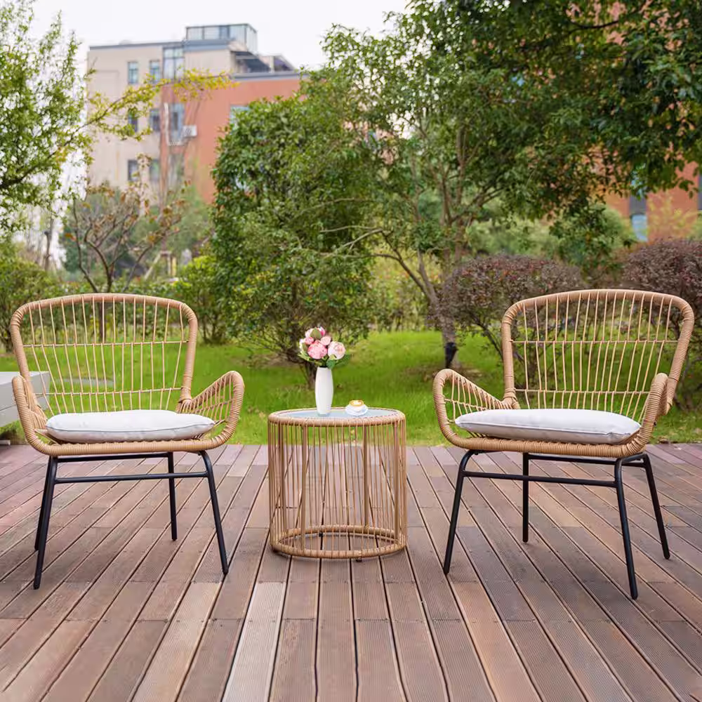 None 3-Piece Wicker Outdoor Bistro Set, Outdoor Wicker Chairs with Glass Top Table and Soft Beige Cushion