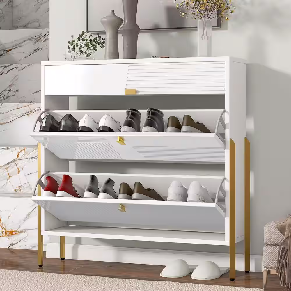 maocao hoom 39 in. H x 10 in. W White Particle Board Shoe Storage Cabinet with with 2-Flip Drawers and 1 Slide Drawer