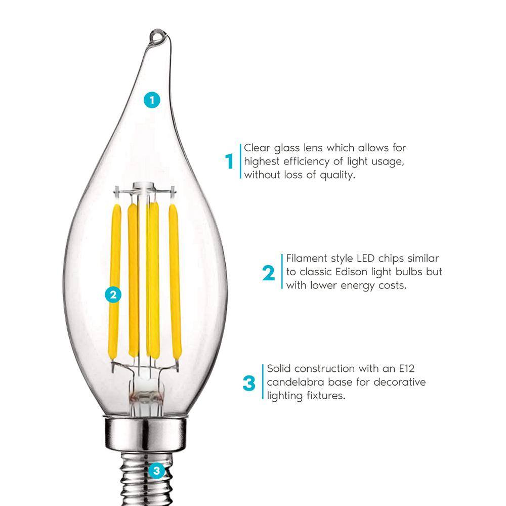 LUXRITE 60-Watt Equivalent CA11 Dimmable Vintage Edison LED Light Bulb Flame Tip Clear Glass 3000K Soft White (24-Pack)