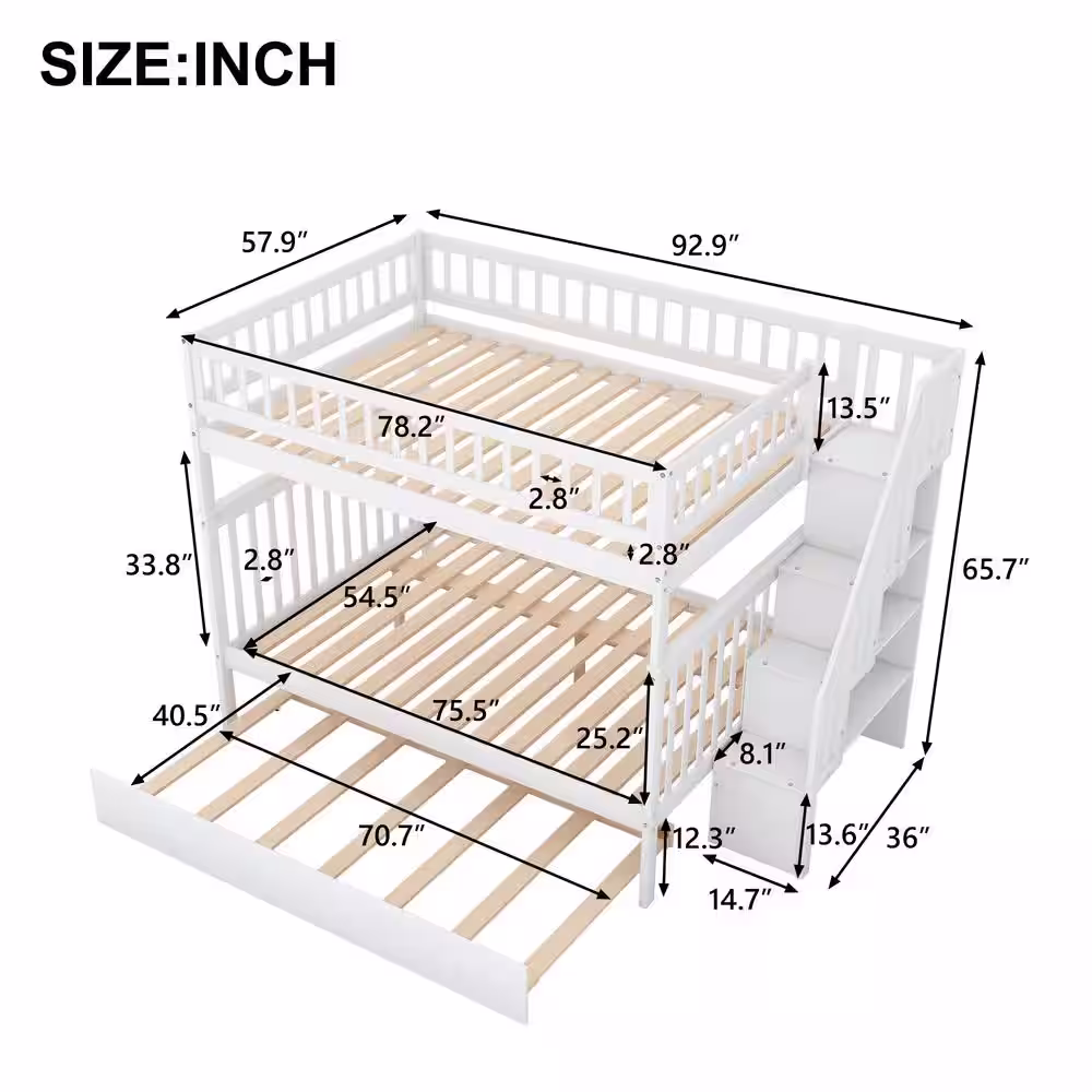 Harper & Bright Designs Classic White Full over Full Bunk Bed with Trundle and Storage Staircase