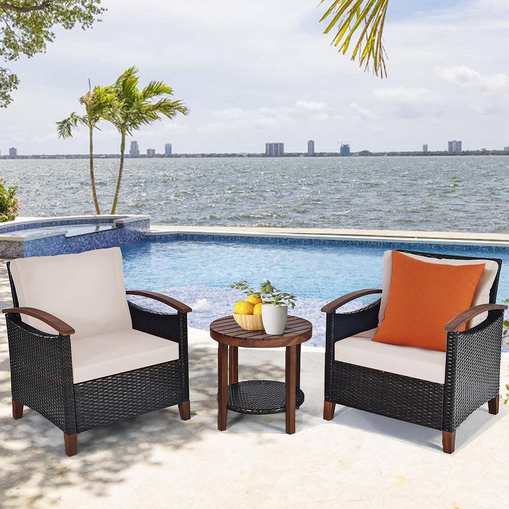 Costway 3-Piece Patio Wicker Sofa Outdoor Bistro Set Acacia Wood Frame with Beige and Turquoise Cushion Covers
