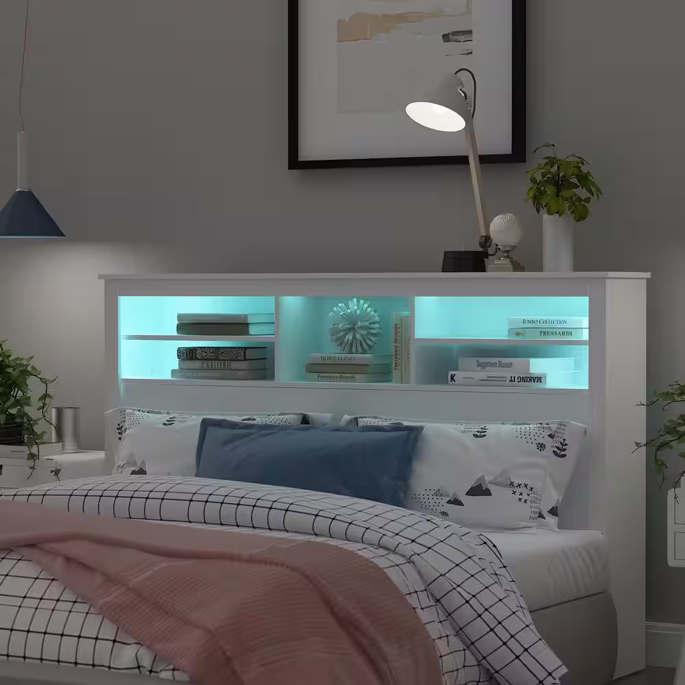 None 5-Shelves White Wood Full Queen Headboard Shelf With LED Lights