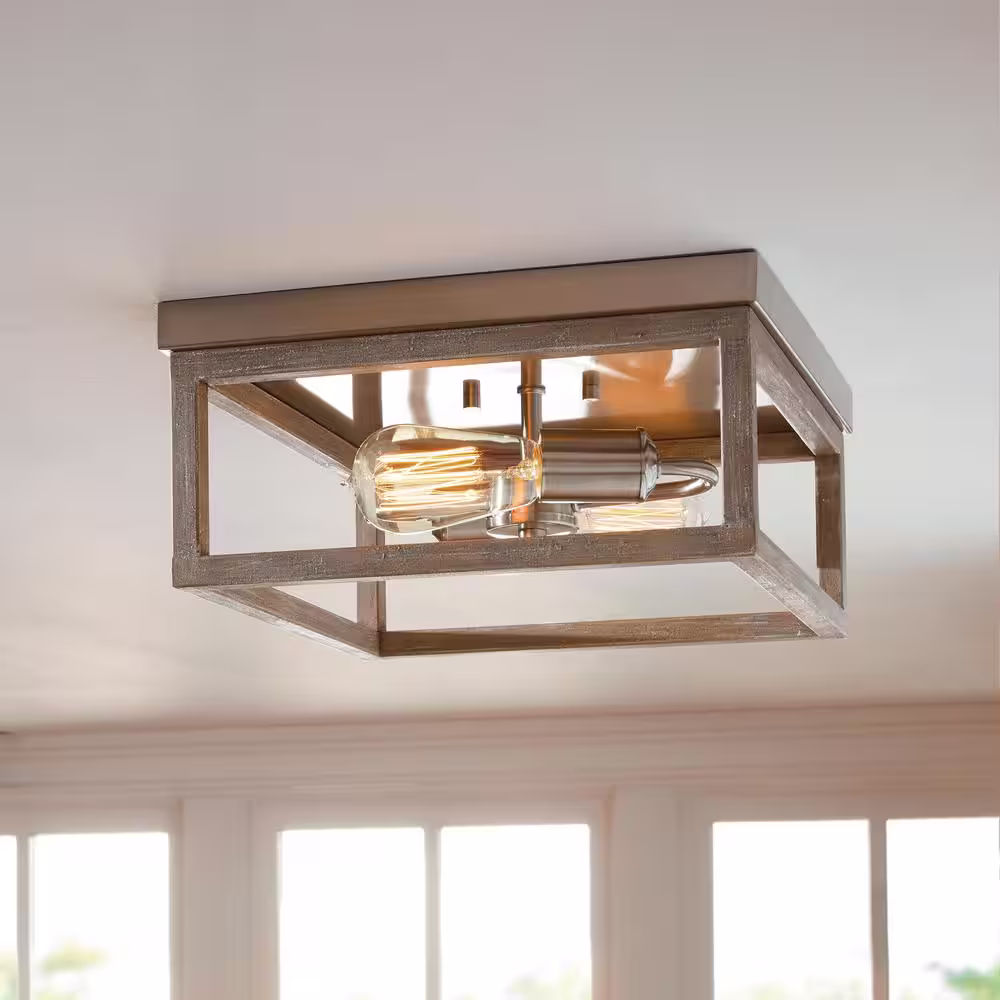 Hampton Bay Boswell Quarter 12 in. 2-Light Brushed Nickel with Weathered Wood Accents Coastal Flush Mount for Bedrooms with Bulbs