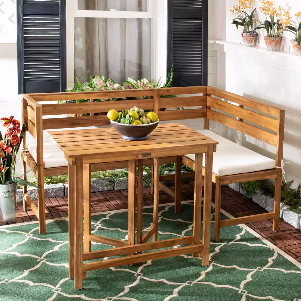 SAFAVIEH Wilton Natural Brown 2-Piece Wood Outdoor Bistro Set with Beige Cushions