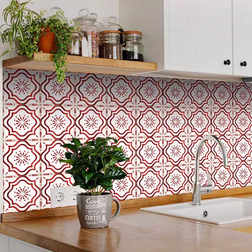 None 8 in. x 8 in. Red and Off-White B509 Vinyl Peel and Stick Tile (24 Tiles, 10.67 sq. ft./pack)