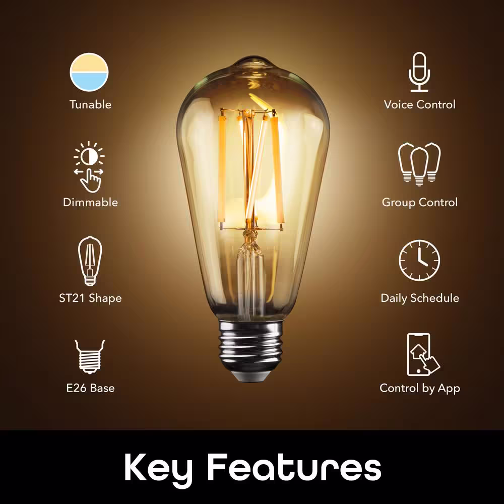 Geeni 60-Watt Equivalent E26 ST21 (ST64) Edison WiFi LED Smart Bulb, 2700K To 6500K No Hub Required (4-Pack)