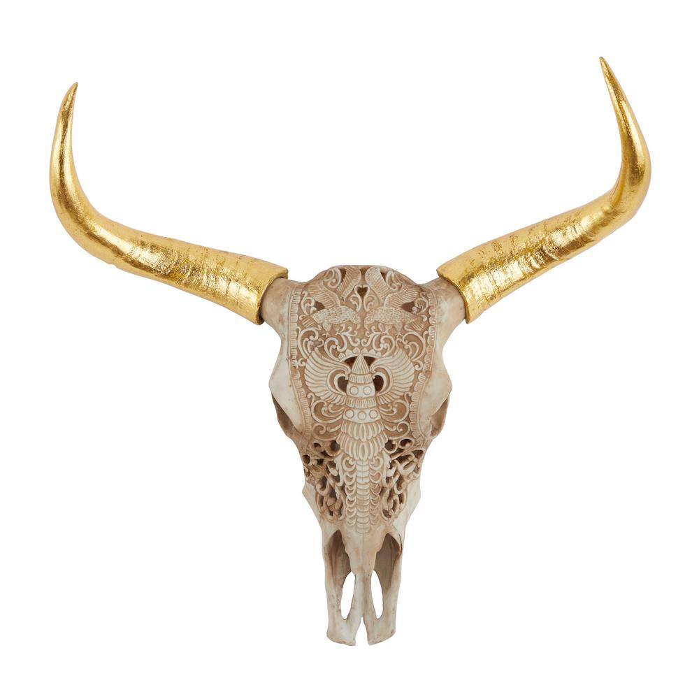 Litton Lane 28 in. x 28 in. Brown Polystone Bohemian Skull Wall Decor