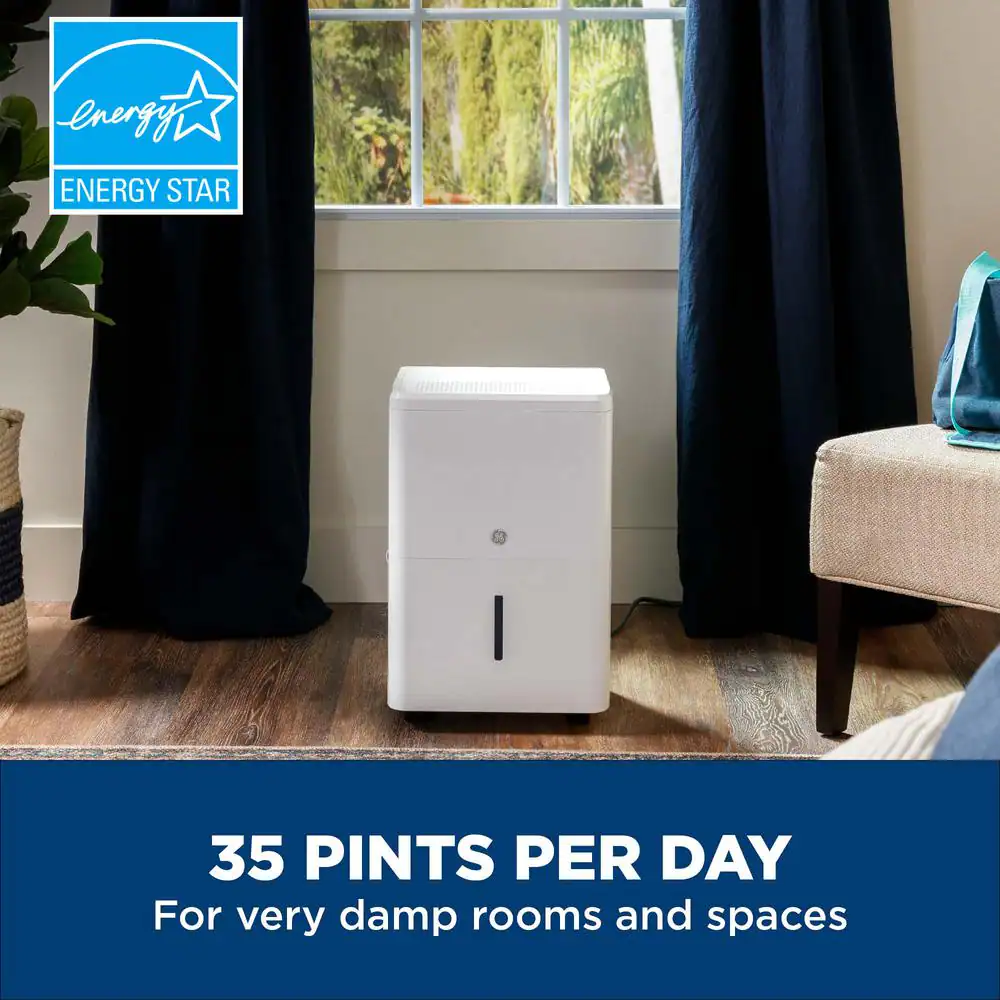 GE 35 pt. Dehumidifier with Smart Dry for Bedroom, Basement or Very Damp Rooms up to 3000 sq. ft. in White, ENERGY STAR