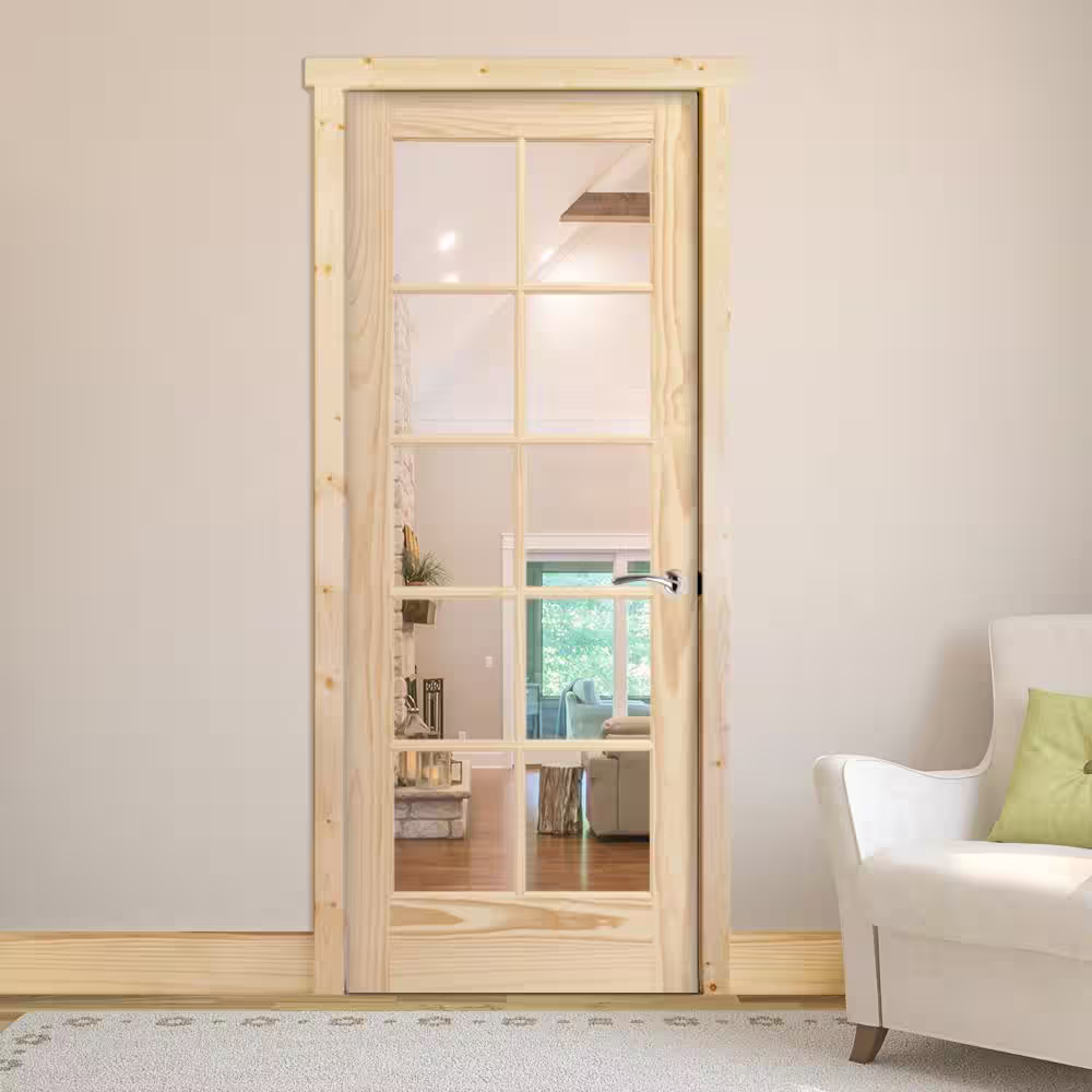 Steves & Sons 30 in. x 80 in. French Unfinished Pine Solid Core Wood 10-Lite Interior Door Slab