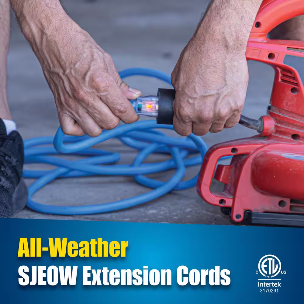 Bergen Industries 25 ft. 12/3 SJEOW 15 AMP Blue Outdoor Heavy-Duty, All Weather Extension Cord with Lighted End