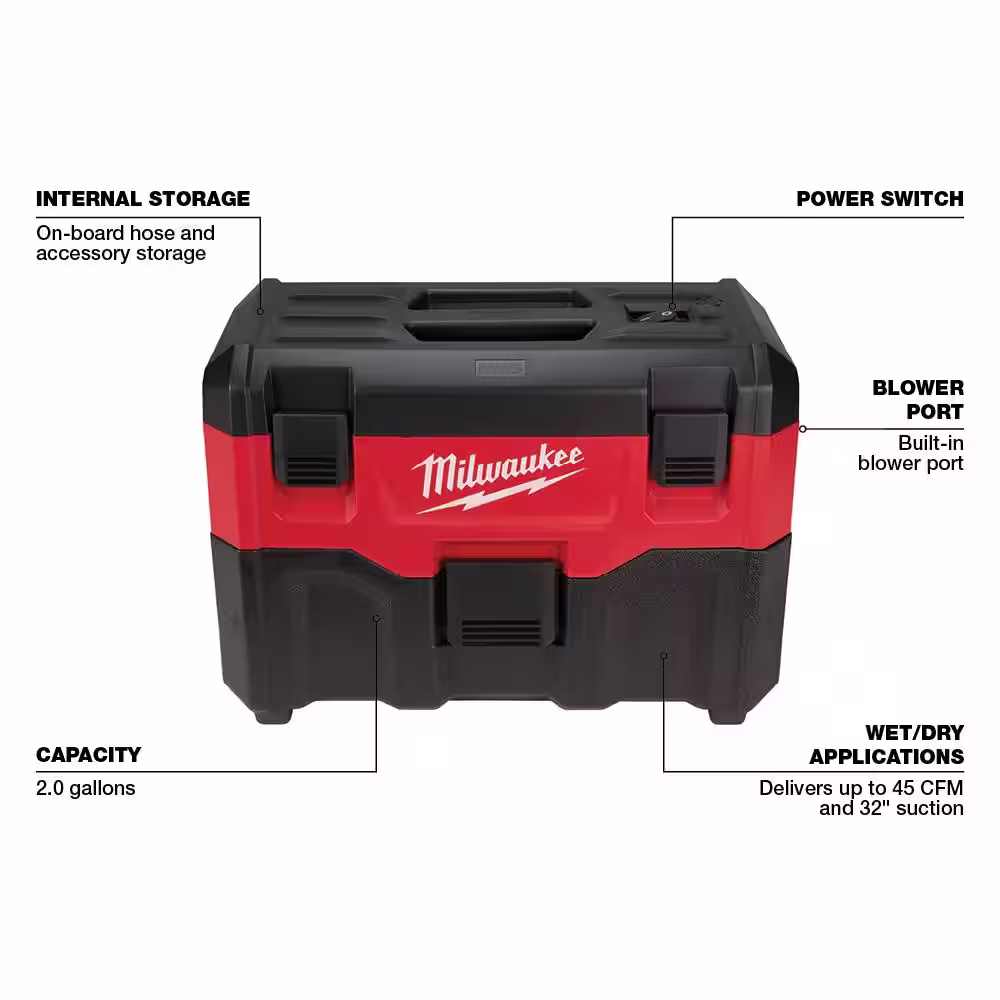 Milwaukee M18 18-Volt 2 Gal. Lithium-Ion Cordless Wet/Dry Vacuum and AIR-TIP 4-IN-1 Right Angle Tool Wet/Dry Vacuum Attachment