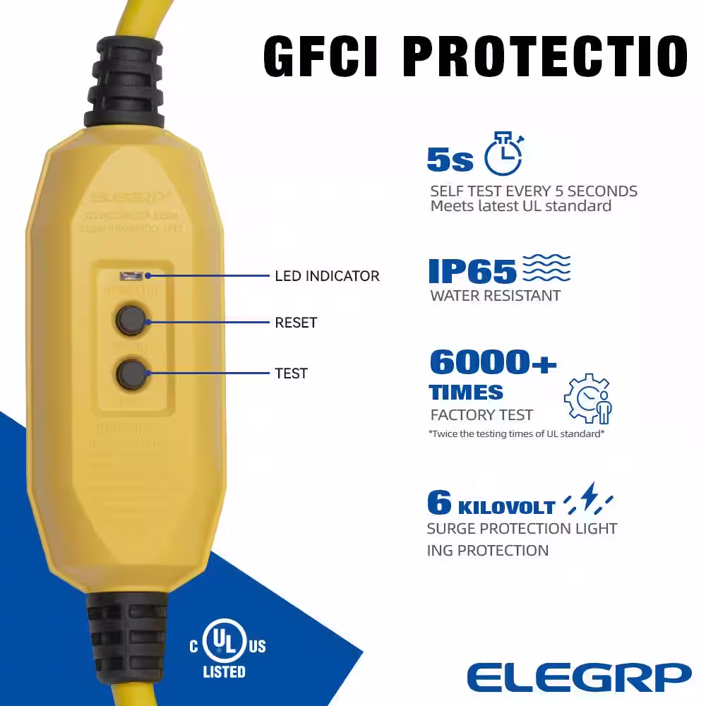ELEGRP 3 ft. 15 Amp In-Line Self-Test Manual Reset Portable GFCI Plug with 3-Outlet Cord, Yellow