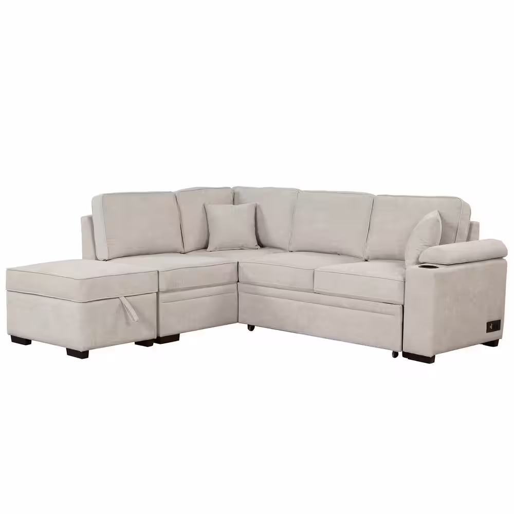 Nestfair 87.4 in. Beige Linen Upholstered L-Shaped Sleeper Sofa Bed with Twin Size Pull-out Bed and Storage Ottoman
