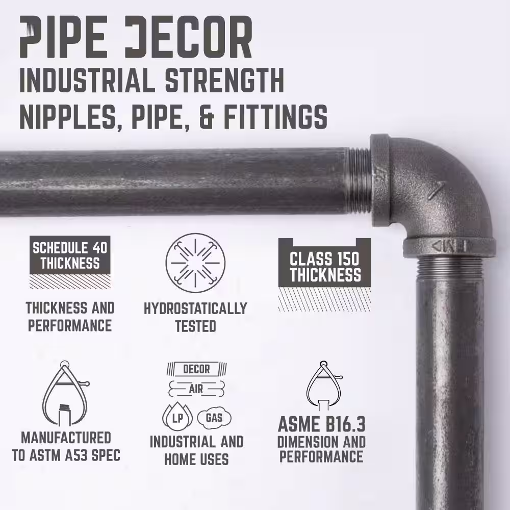 PIPE DECOR 1/2 in. Black Pipe 11.75 in. D x 48.5 in. H Wall Mounted 4-Tier Shelf Kit