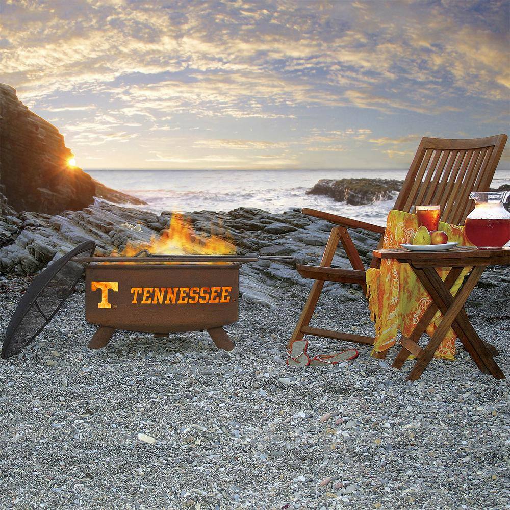 None Tennessee 29 in. x 18 in. Round Steel Wood Burning Fire Pit in Rust with Grill Poker Spark Screen and Cover