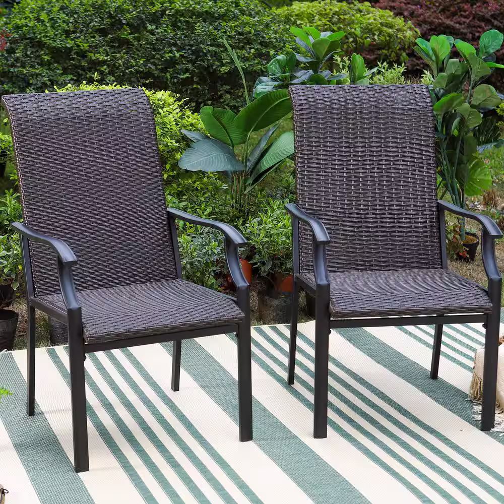 None Black 7-Piece Metal Patio Outdoor Dining Set with Expandable Table and Brown Rattan High Back Wave Arm Chairs