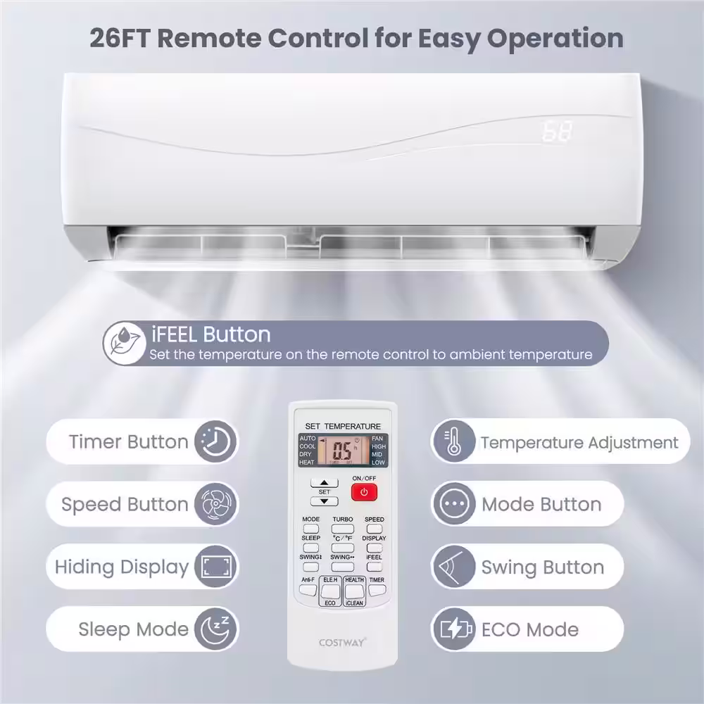 Costway 23000 DOE BTU Mini Split Portable Air Conditioner Cools 1500 Sq. Ft. with Heater Ductless 18.5 SEER2