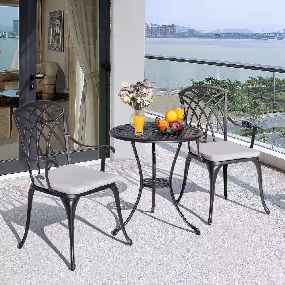 Nuu Garden 3-Piece Cast Aluminum Patio Bistro Set Rust-proof Outdoor Bistro Set with Gray Cushion