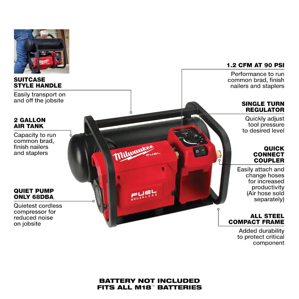 Milwaukee M18 FUEL 18-Volt Lithium-Ion Brushless 2 Gal. Electric Compact Quiet Compressor and Performance Safety Glasses w/ Gasket