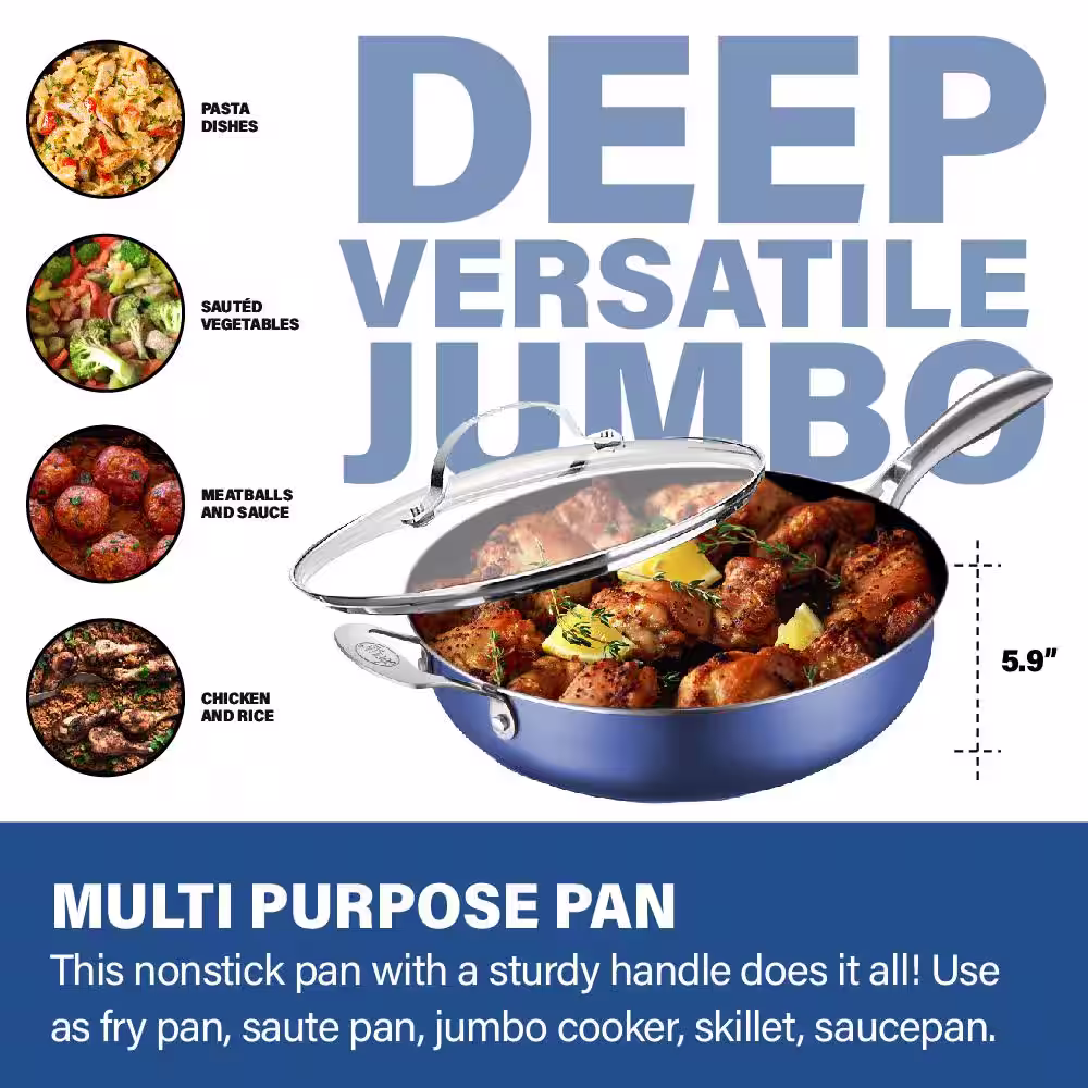 GRANITESTONE Classic Blue 5.5 qt. Aluminum Ultra-Durable Non-Stick Diamond Infused Deep Saute Pan with Glass Lid and Helper Handle