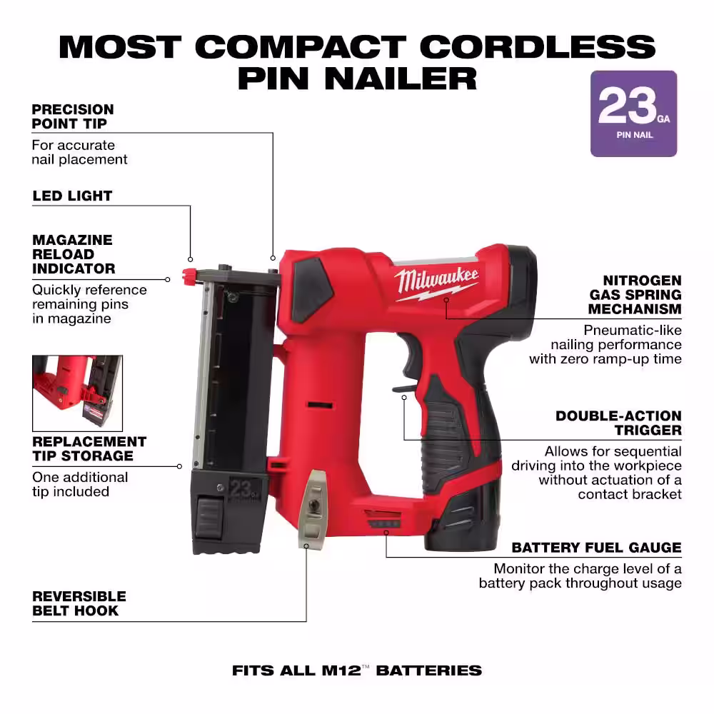 Milwaukee M12 12-Volt 23-Gauge Lithium-Ion Cordless Pin Nailer Kit with M12 FUEL Lithium-Ion Cordless Oscillating Multi-Tool