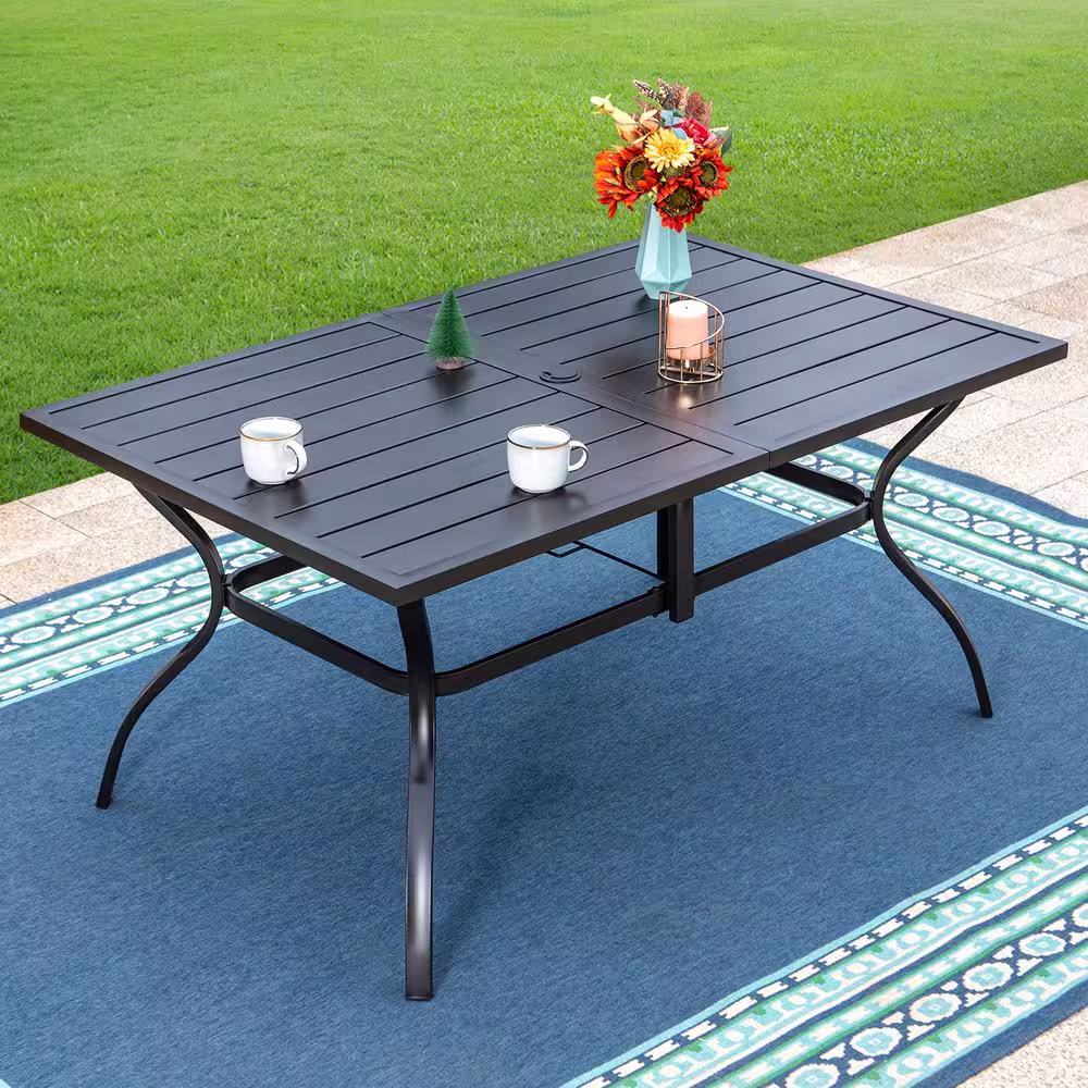 None 7-Piece Metal Patio Outdoor Dining Set with Rattan Chair with Blue Cushion