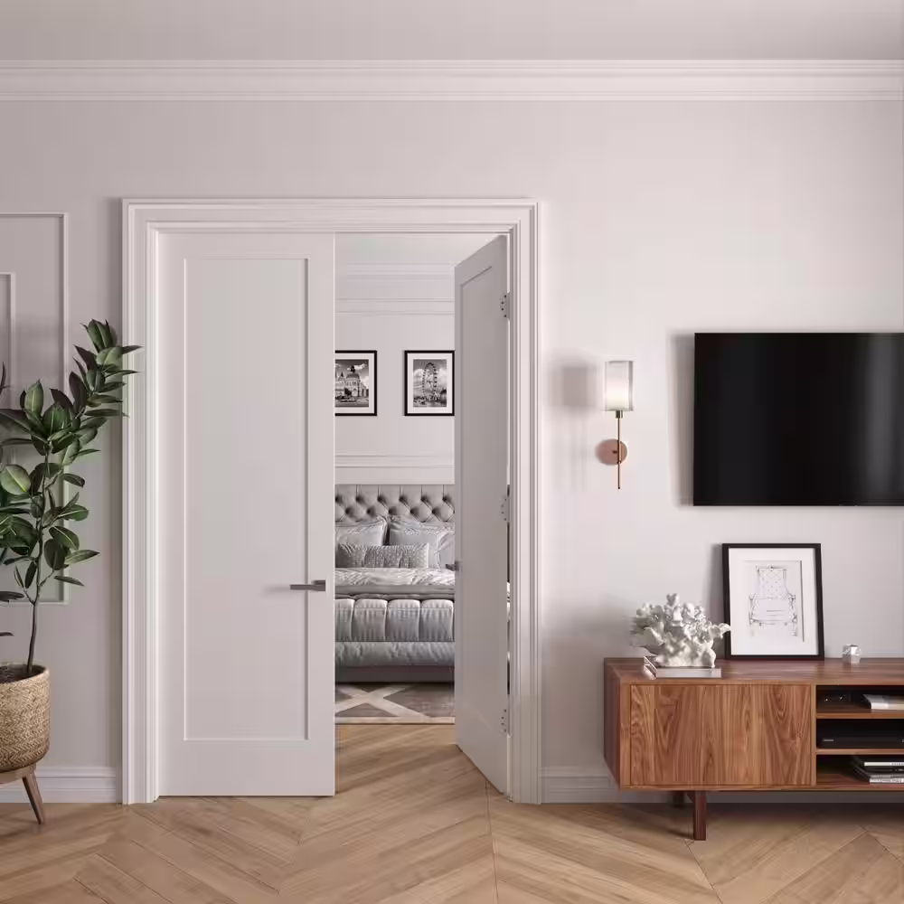 RESO 36 In. x 96 In.Bi-Parting Solid Core Primed White Composite Double Pre-hung French Door Catch Ball Satin Nickel Hinges