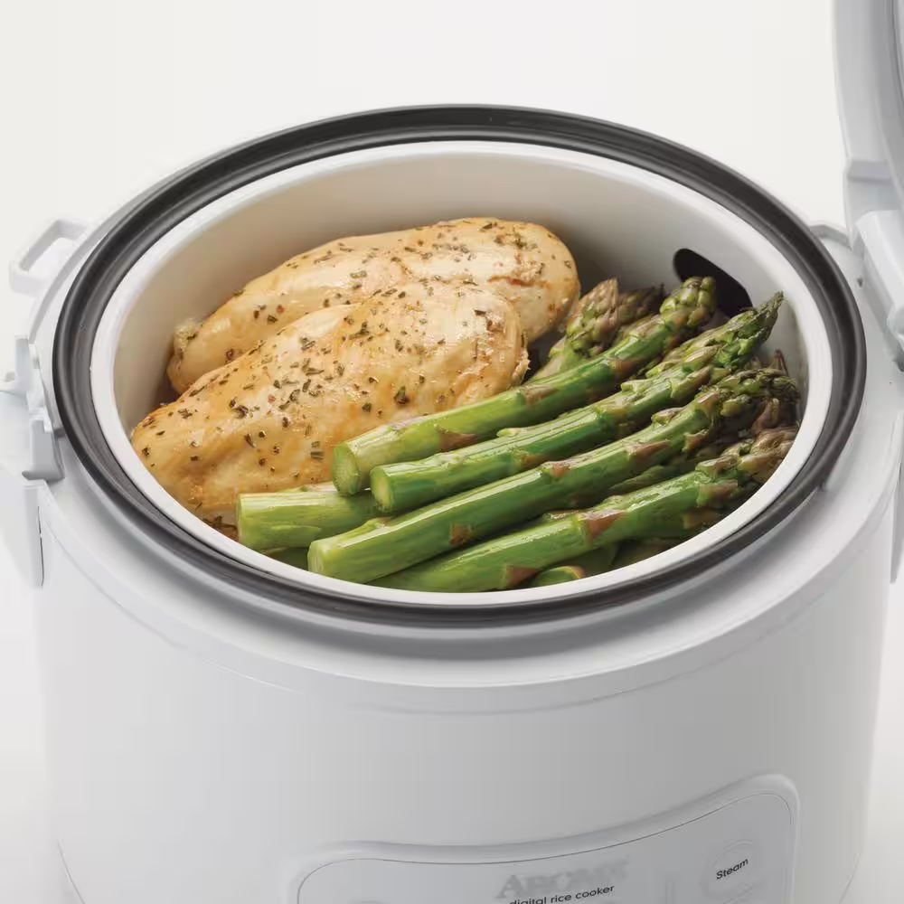 None 8-Cup White Digital Rice Cooker in Black Control Panel