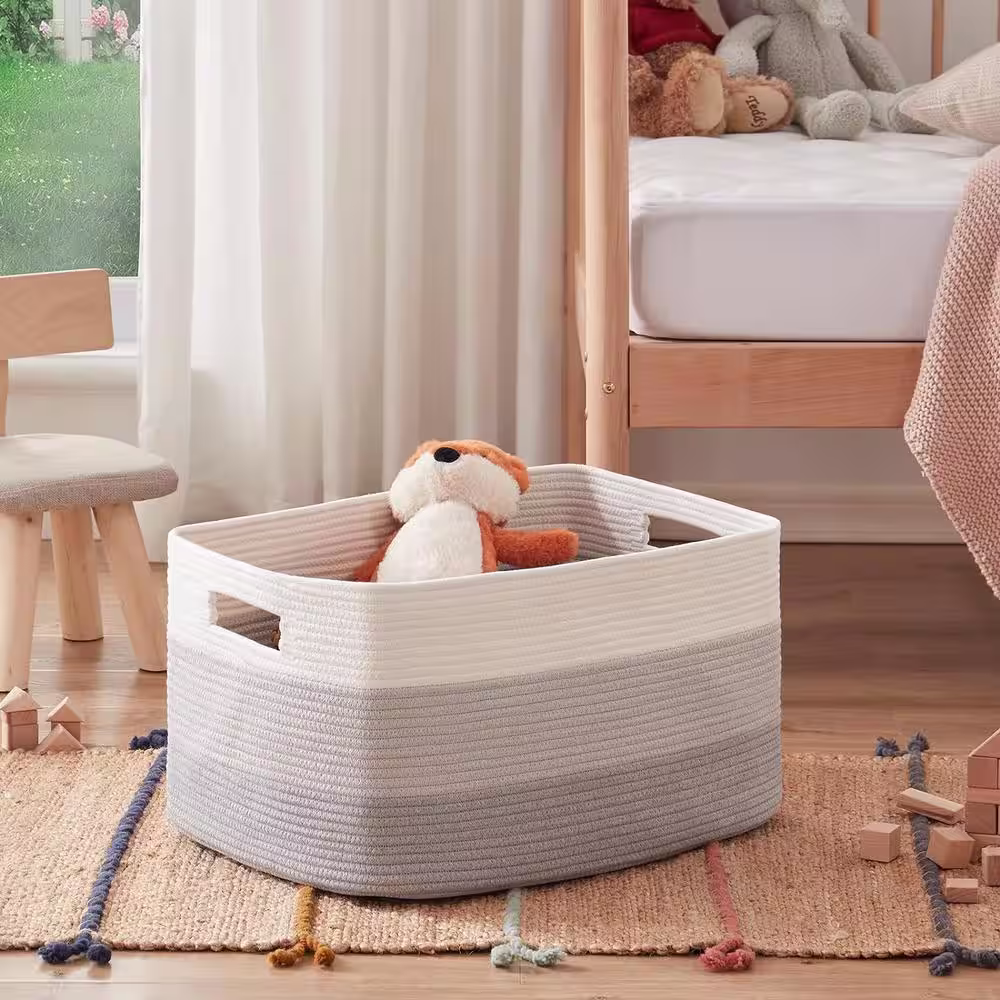 None Cotton Rope Basket, Gradient Grey Rectangle Woven Baskets for Storage