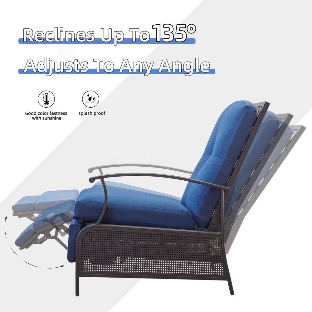 None Brown 2-Piece Metal Outdoor Bistro Recliner Set with Navy Blue Cushions