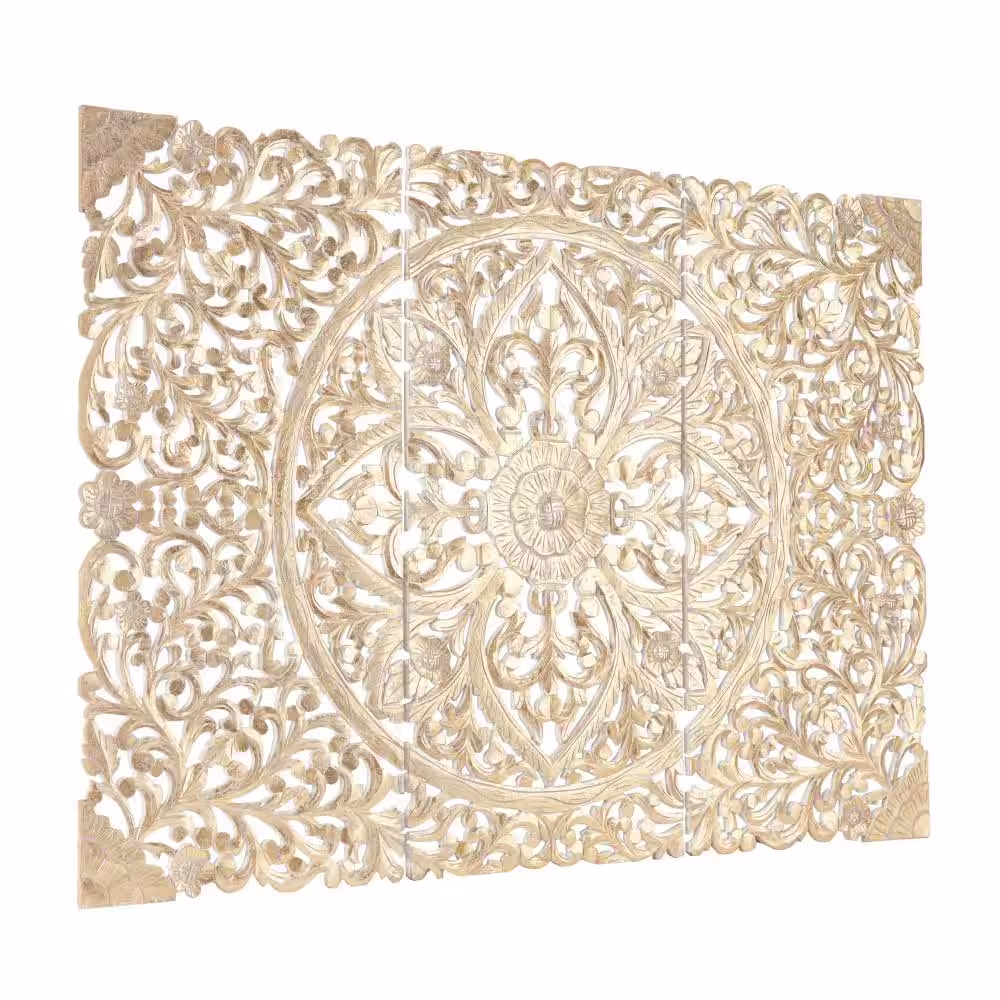 Litton Lane Wood Cream Handmade Intricately Carved Floral Wall Decor with Mandala Design (Set of 3)