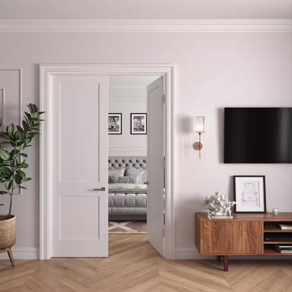 RESO 64 in. x 96 in. Bi-Parting Solid Core Primed White Composite Wood Double Pre-hung interior French Door Matte Black Hinge