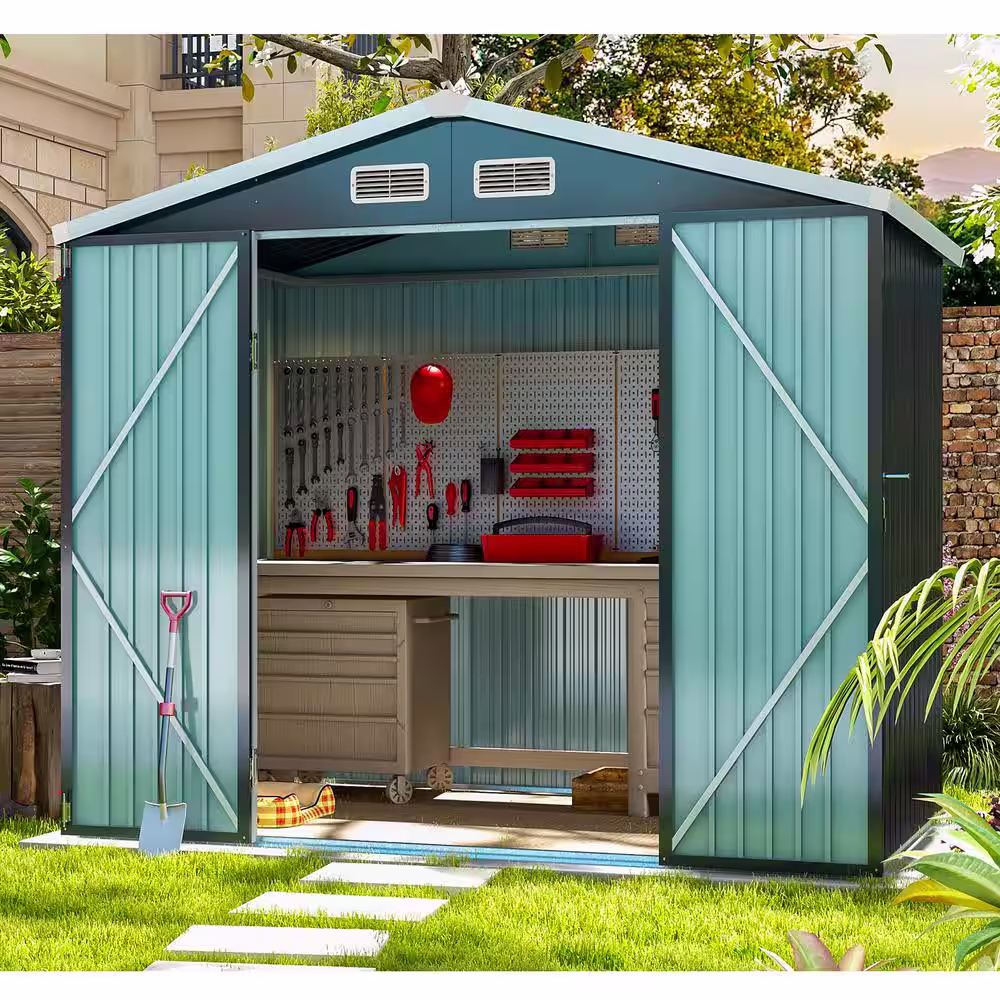 None 6 ft. W x 8 ft. D Metal Storage Shed with Outdoor Floor Frame and Lockable Door 48 sq. ft., Black