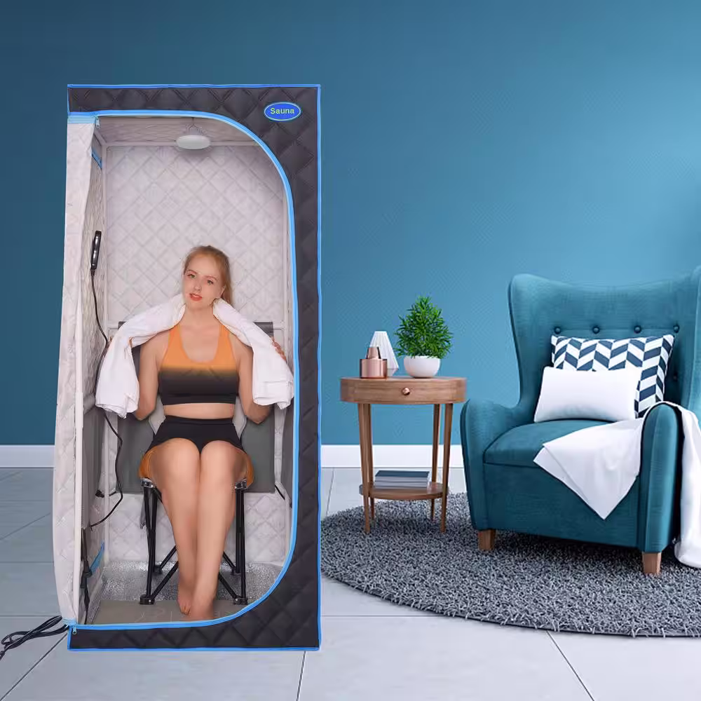 None Portable Full Size Black Infrared 1-Person Sauna with Infrared Panels, Foldable Chair and Remote