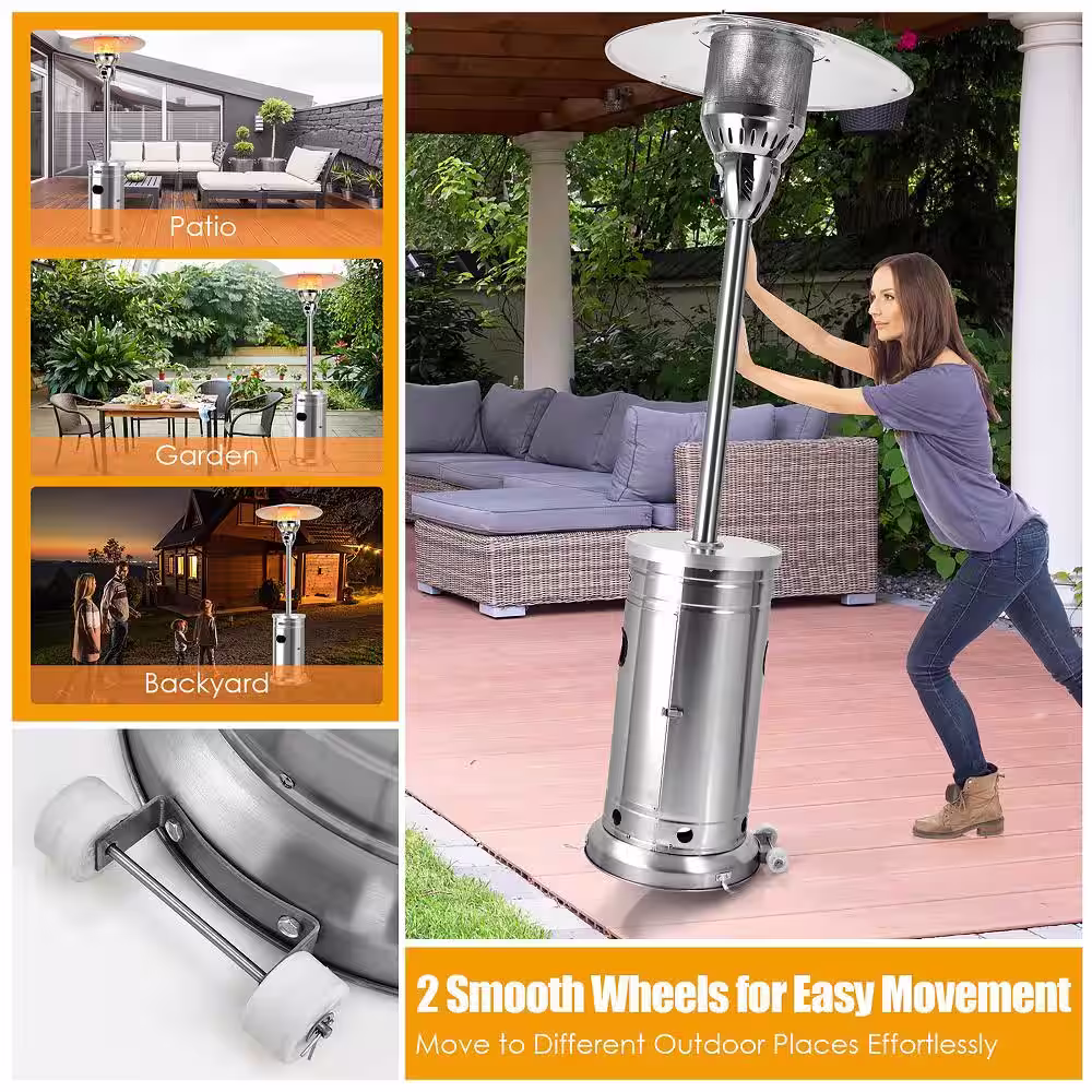 Costway Patio Propane Heater Stainless Steel 48,000 BTU with Table and Wheels