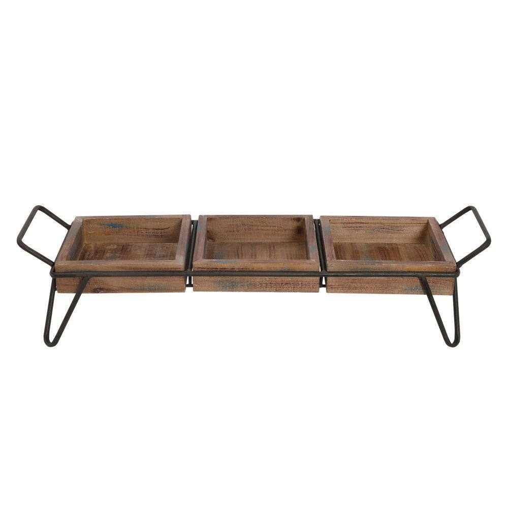 THE URBAN PORT 21.87 in. x 5.12 in. x 6.7 in. Rectangle Brown Decorative Serving Tray with 3-Segregated Cubbies and Metal Base