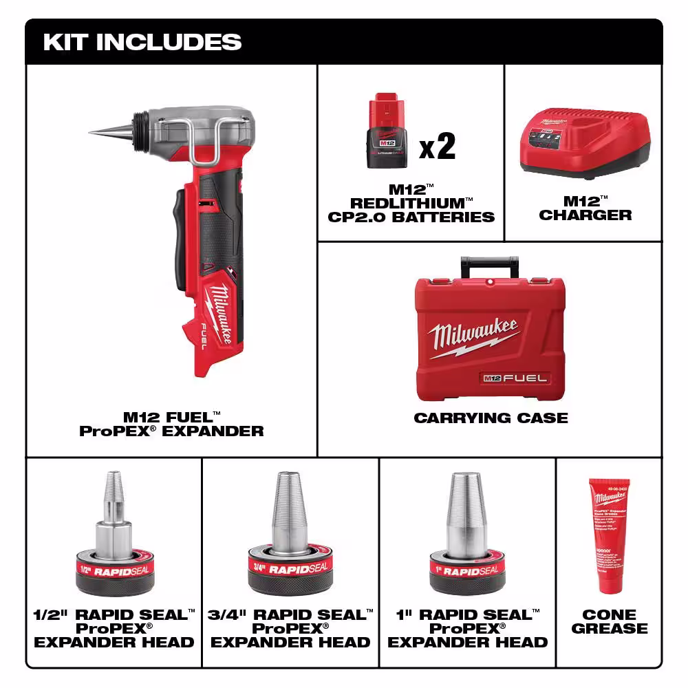 Milwaukee M12 FUEL ProPEX Expansion Tool Kit with 1/2 in.-1 in. RAPID SEAL ProPEX Expansion Heads & M12 High Output 2.5 Ah Battery