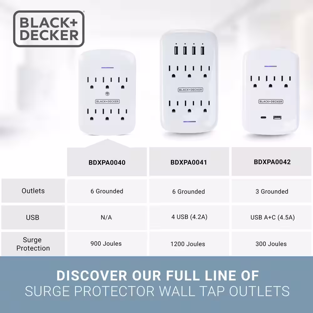 BLACK+DECKER 6 Grounded Outlets Surge Protector Wall Mount with Sleek Power Adapter Tap (2-Pack)