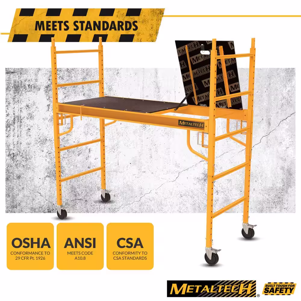 MetalTech Safeclimb Baker 6.2 ft. L x 6.25 ft. H x 2.5 ft. D Metal Scaffold Platform with Wheels and Tool Tray, 1100 lbs. Capacity