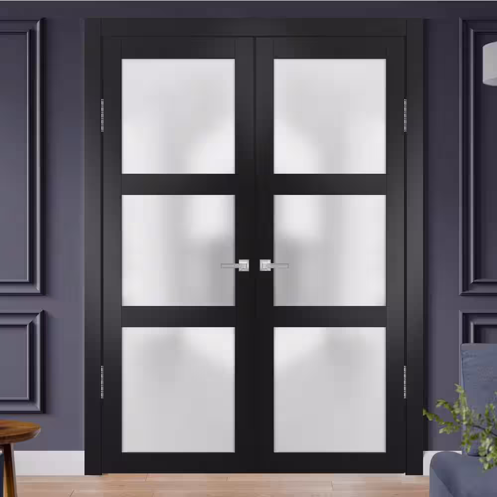 Sartodoors 2552 48 in. x 96 in. Universal Handling Frosted Glass Solid Core Black Finished Pine Wood Interior Door Slab