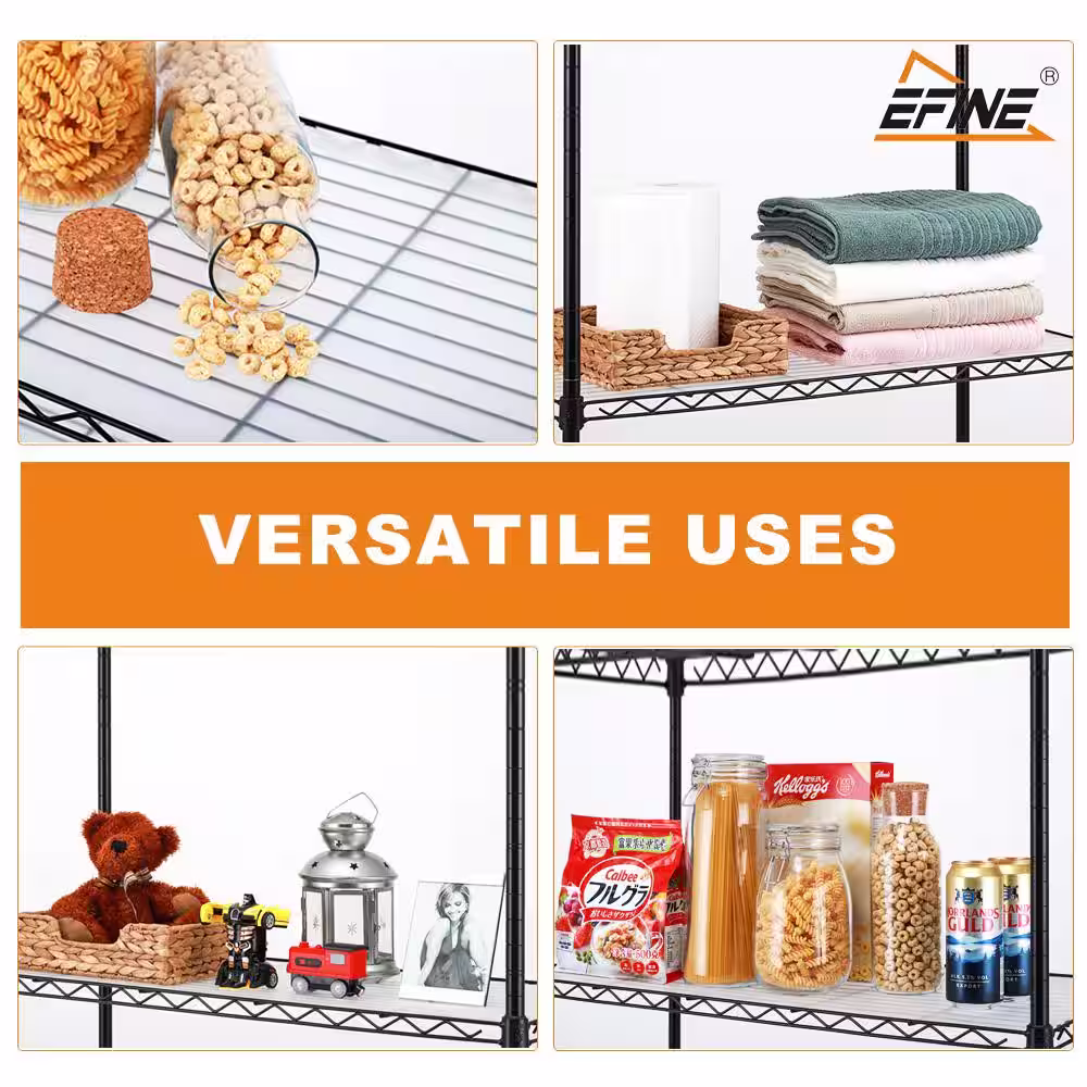 EFINE Black 5-Tier Carbon Steel Wire Garage Storage Shelving Unit with 8 Hooks (2-Pack) (23.6 in. W x 59 in. H x 14 in. D)