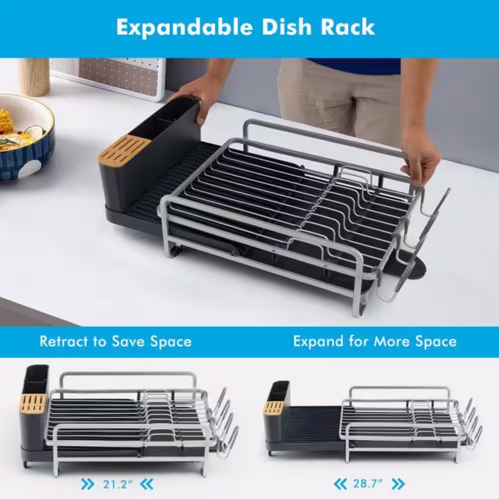 None Aluminum Expandable Drying Dish Rack with Drainboard and Rotatable Drainage Spout