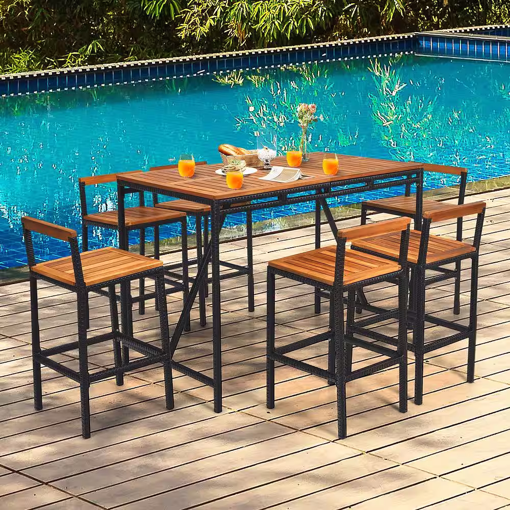 Costway 7-Pieces Wood Rectangular 39 in. Outdoor Dining Set Patio Rattan Bar Set