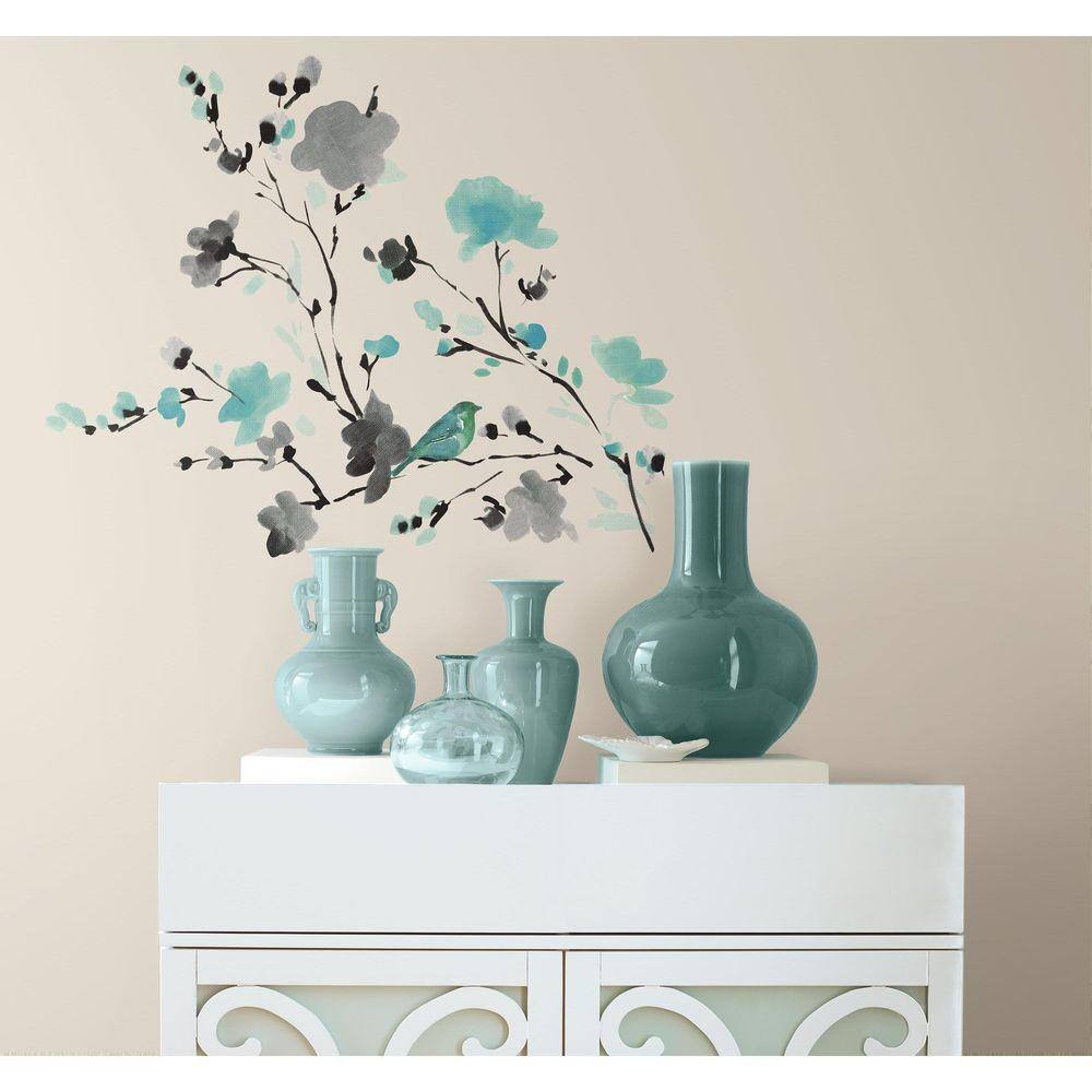 RoomMates 5 in. x 11.5 in. Blossom WaterColor Bird Branch Peel and Stick Wall Decal